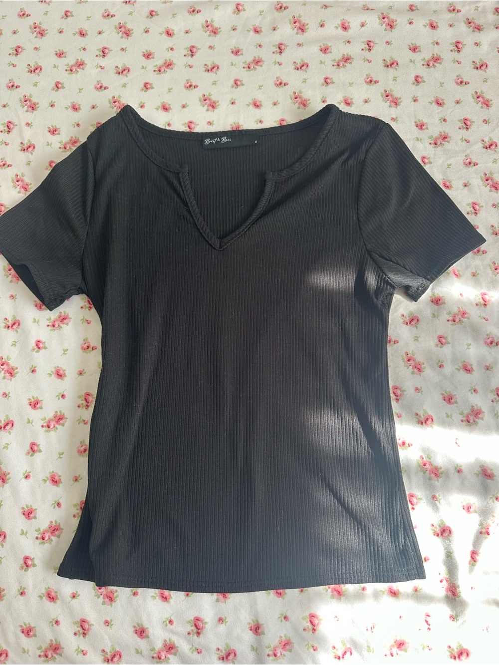Black Ribbed Short Sleeve Notch-Neck Tee